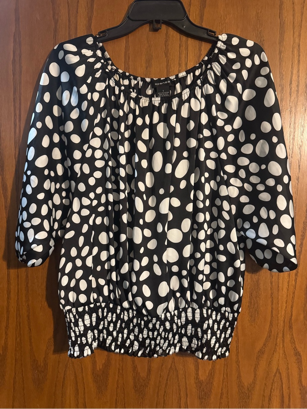 Spense Black and White Polka Dot Peasant Top
